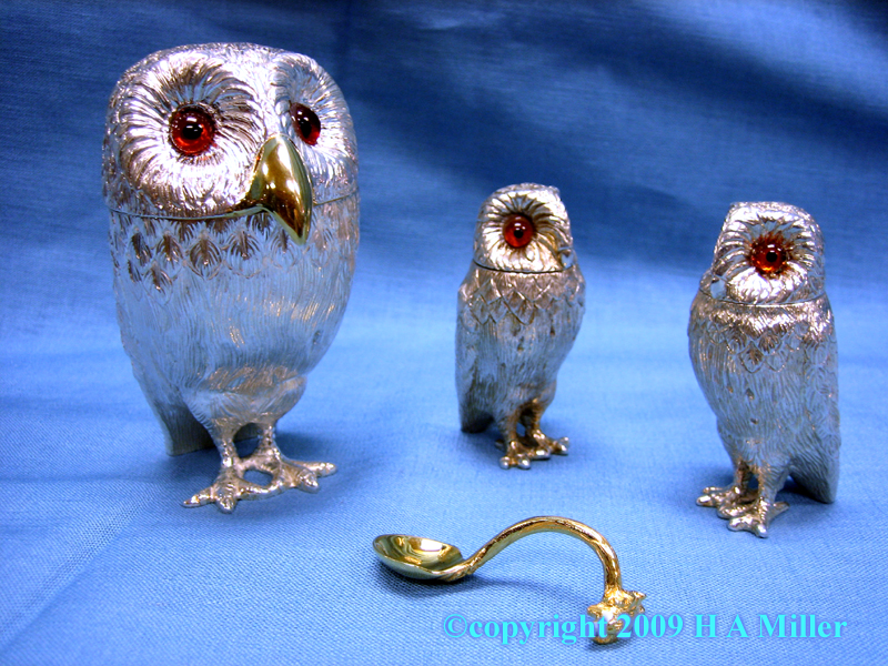  Carved Owl Family Sterling Silver Condiment Set