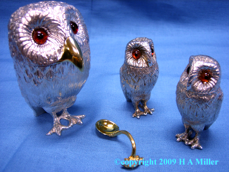 Sterling Silver Owl Condiment Set 