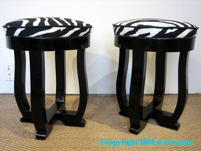 Art Deco Stools Pair Black Lacquer Zebra Print French Art Deco Stools Pair Black Lacquer Zebra Print French