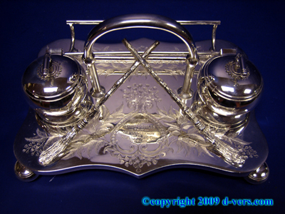 Silver Plate Inkwell Pen Holder Curling Game Victorian 1890 Silver Plate Inkwell Pen Holder Curling Game Victorian 1890
