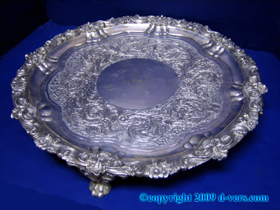 STERLING SILVER Irish Footed Serving Tray Hand Chased George IV STERLING SILVER Irish Footed Serving Tray Hand Chased George IV