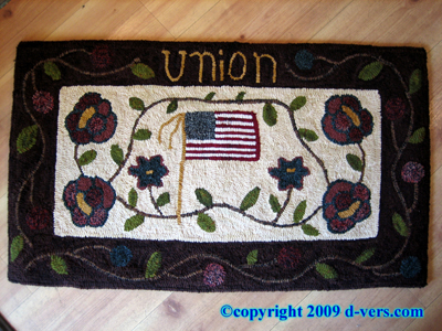 Folk Art MARGOT WHITE Hooked Rug "Union" Indiana Artisan Folk Art MARGOT WHITE Hooked Rug "Union" Indiana Artisan