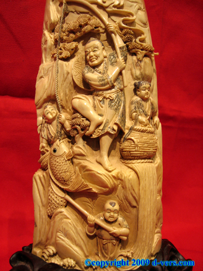 Ivory Carved Wooly Mammoth Tusk Fisherman Chinese China Ivory Carved Wooly Mammoth Tusk Fisherman Chinese China